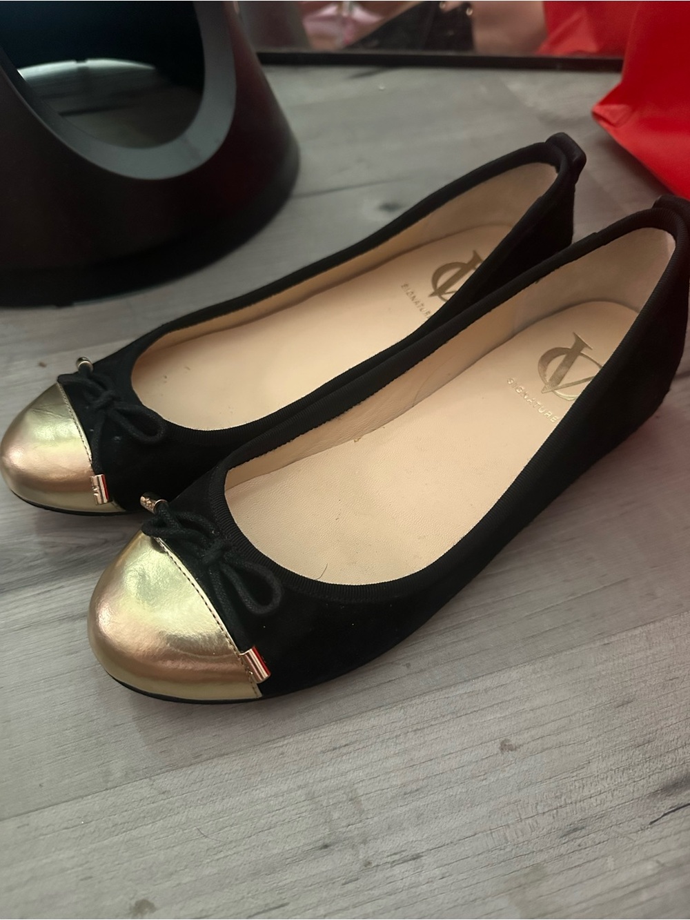 Gold Cap-Toe Black Ballet Flats